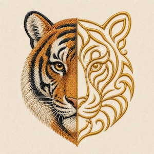 Tiger Split Face Broderidesign, Guld Ornamental Jungle Big Cat Art (Digital Fil)