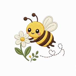 May include: Embroidered design of a cartoon bee with a yellow body and brown stripes, holding a white daisy. The bee has a smiling face and is flying near the flower, with a dotted line indicating its flight path.