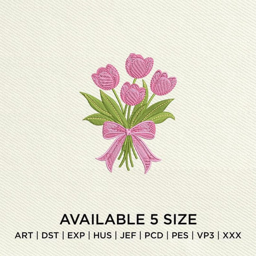 Pink Tulip Bouquet Embroidery Design, Romantic Floral Stitch (digital ...
