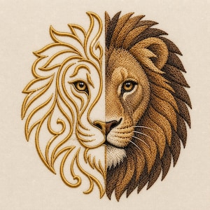 Lion Split Face Embroidery Design, Gold Ornamental Majestic Safari Animal (Digital File)
