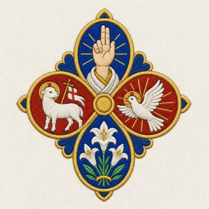 May include: An embroidered quatrefoil design featuring four circular medallions with gold borders. The top shows a hand in blessing, the left a lamb with a flag, the right a white dove, and the bottom a cluster of three white lily flowers.