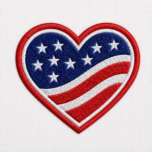 May include: Embroidered heart-shaped patch featuring the American flag design. The patch has a red border, a blue field with white stars, and red and white stripes. The patch is on a white background.