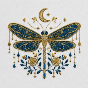 May include: An embroidery design featuring a central dragonfly with deep blue wings and gold filigree details. Above the dragonfly is a gold crescent moon and stars. Below are floral sprigs and hanging gold and blue beaded ornaments.