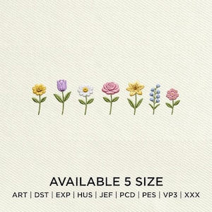 以下が含まれることがあります： 7色の花が刺繍されたデザイン。黄色、紫、白、ピンク、黄色、青、ピンクの花があります。「AVAILABLE 5 SIZE」の文字が花の下に表示され、ファイル形式の略語も表示されています。