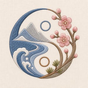 Borduurpatroon met berggolven en Yin Yang-motief, Japans kersenbloesemlandschap (digitaal bestand)