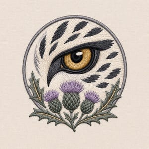 Könnte beinhalten: Ein kreisförmiger Stickaufnäher mit einem detaillierten goldenen Auge mit schwarzer Pupille, umgeben von weißen und schwarzen Federn. Unter dem Auge sind drei violette Distelblüten mit grünen, gezackten Blättern in einem runden Rahmen gestickt.