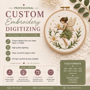 Könnte beinhalten: Werbung für individuelle Stickdigitalisierungsdienste. Das Bild zeigt ein detailliertes Stickdesign einer Fee, die Lilien in einem Holzreifen hält. Der Text enthält "Custom Embroidery Digitizing" und Informationen zum Prozess.