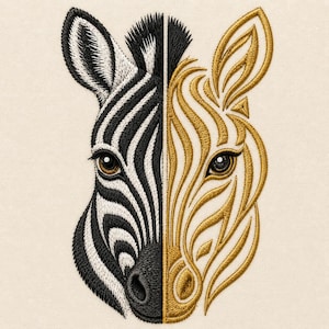 Zebra Split Face Embroidery Design, Black White Gold Ornamental Safari Art (Digital File)