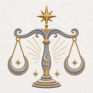 Celestial Libra Scales Embroidery Design, Moon Stars Vintage Zodiac Art (Digital File)