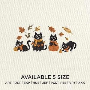 Fall Black Cat Embroidery Design | Autumn Pumpkin Cat Machine Embroidery File | Cozy Halloween Cat Embroidery Pattern Instant Download