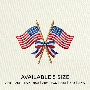 May include: Embroidered design featuring two American flags crossed with gold poles and a red, white, and blue bow. The flags have red and white stripes and a blue field of stars. Text at the bottom reads "AVAILABLE 5 SIZE".