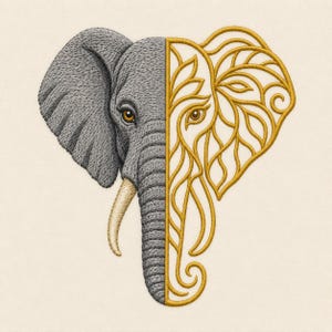 Elefantbroderidesign med delat ansikte, guldfärgad ornamental djurliv Boho-konst (digital fil)