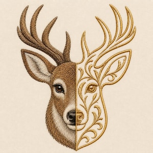 Deer Split Face Embroidery Design, Gold Botanical Antler Woodland Art (Digital File)