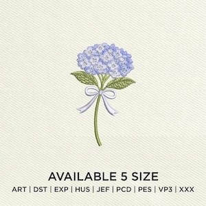 May include: Embroidered design of a blue hydrangea flower with green leaves and stem, tied with a white bow. The text "AVAILABLE 5 SIZE" is at the bottom, along with file type abbreviations.