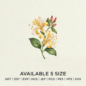 May include: A botanical illustration of a honeysuckle plant with yellow and white flowers, green leaves, and pink buds. The text "AVAILABLE 5 SIZE" is at the bottom, along with file type abbreviations.
