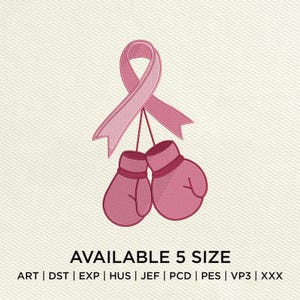 May include: Pink ribbon and boxing gloves embroidery design. The design features a pink ribbon and two pink boxing gloves hanging below. The text "AVAILABLE 5 SIZE" is at the bottom.