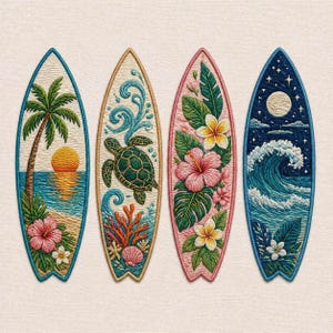 May include: Four embroidered surfboard designs. Each board features a unique tropical scene: a palm tree at sunset, a sea turtle, hibiscus flowers, and a moonlit ocean wave. The boards have a light background and colorful details.