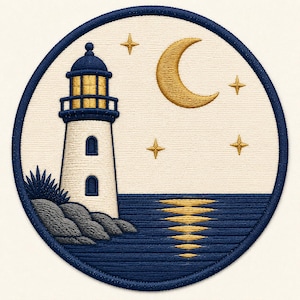 Night Lighthouse Embroidery Design, Nautical Moonlit Ocean Coastal Patch (Digital File)