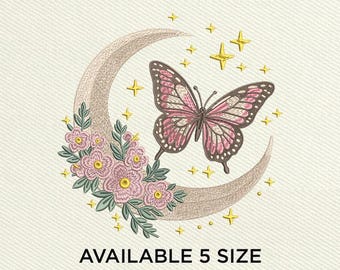 Diseño de bordado de mariposa y luna, arte floral celestial, decoración de jardín boho (archivo digital)