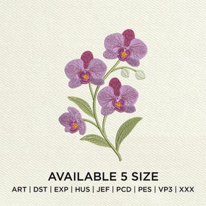 May include: Embroidered floral design featuring purple orchid blossoms with yellow centers and green leaves. The text "AVAILABLE 5 SIZE" is displayed below the floral design. The design is available in multiple file formats.