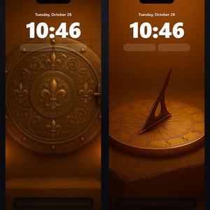 May include: Two phone lock screens with a gold theme. The left screen shows a detailed, ornate door with a fleur-de-lis design. The right screen displays a sundial. Both screens display the date and time: Tuesday, October 28, 10:46.