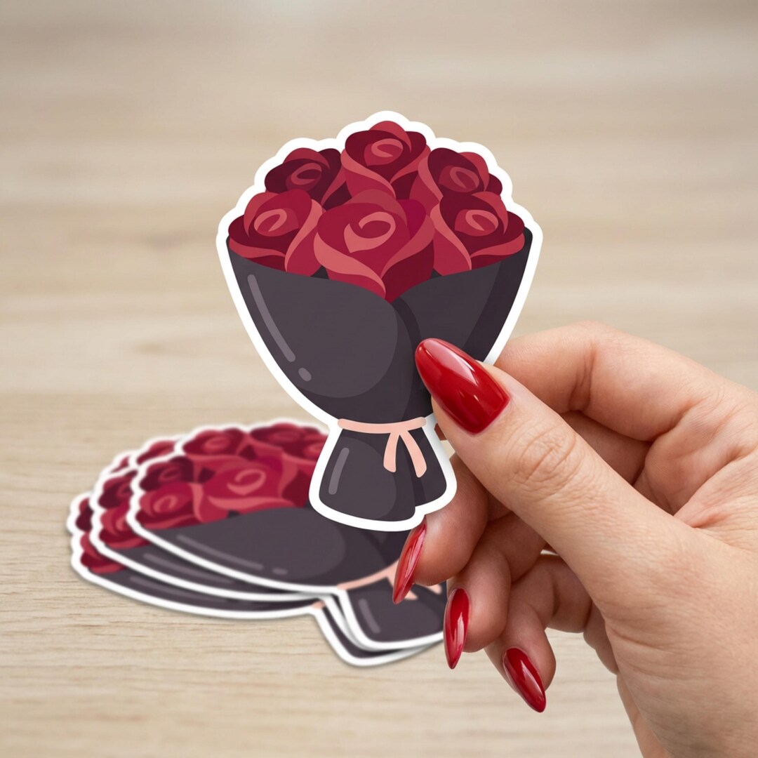 Red Roses Aesthetic Stickers Red Rose Bouquet Sticker | Romantic Minimalist Floral Vinyl Sticker - Etsy