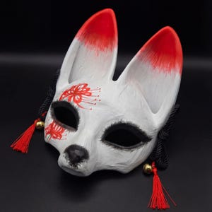 Handmade Kitsune Fox Mask  Japanese Floral  Spirit Mask with Red Spider Lily