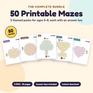 50 ausdruckbare Labyrinthe für Kinder von 5-8 Jahren, Labyrinth-Paket mit Lösungsblättern, Halloween-, Thanksgiving-, Herbst- und Sport-Aktivitätsblätter, Homeschooling