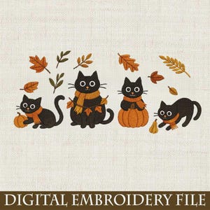 Fall Black Cat Embroidery Design | Autumn Pumpkin Cat Machine Embroidery File | Cozy Halloween Cat Embroidery Pattern Instant Download