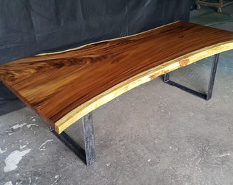9’ Foot Single Slab Golden Acacia Live Edge Dining Table w/ Steel Bar Legs - Custom Handcrafted Solid Wood Furniture / Made to Order