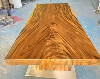 7' Foot Single Slab Golden Acacia Straight Cut Dining Table w/ Acacia Slab Legs - Custom Handcrafted Solid Wood Furniture / Made to Order