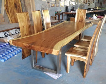9' Foot Single Slab Golden Acacia Live Edge Dining Table w/ Stainless Steel Legs- Custom Handcrafted Solid Wood Furniture / Made to Order