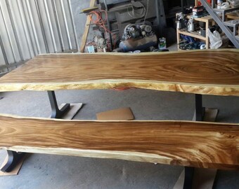 11' Foot Single Slab Golden Acacia Live Edge Dining Table w/ Matching Bench - Custom Handcrafted Solid Wood Furniture / Made to Order