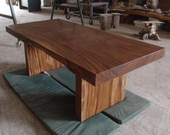 7' Foot Single Slab Golden Acacia Straight Cut Dining Table w/ Acacia Slab Legs - Custom Handcrafted Solid Wood Furniture / Made to Order