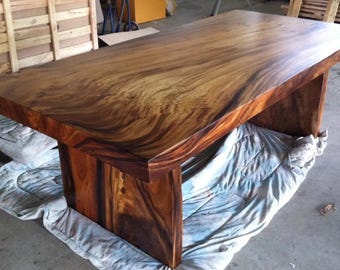 8' Foot Single Slab Golden Acacia Live Edge Dining Table w/ Acacia Slab Legs - Custom Handcrafted Solid Wood Furniture / Made to Order