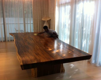 13' Foot Single Slab Golden Acacia Live Edge Dining Table w/ Acacia Slab Legs - Custom Handcrafted Solid Wood Furniture / Made to Order