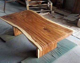 8' Foot Single Slab Golden Acacia Live Edge Dining Table w/ Acacia Slab Legs - Custom Handcrafted Solid Wood Furniture / Made to Order