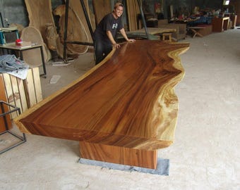 12' Foot Single Slab Golden Acacia Live Edge Dining Table w/ Acacia Slab Legs - Custom Handcrafted Solid Wood Furniture / Made to Order