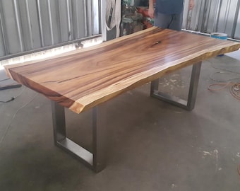 7' Foot Single Slab Golden Acacia Live Edge Dining Table w/ Stainless Steel Legs - Custom Handcrafted Solid Wood Furniture / Made to Order