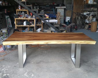 7' Foot Single Slab Golden Acacia Live Edge Dining Table w/ Stainless Steel Legs - Custom Handcrafted Solid Wood Furniture / Made to Order