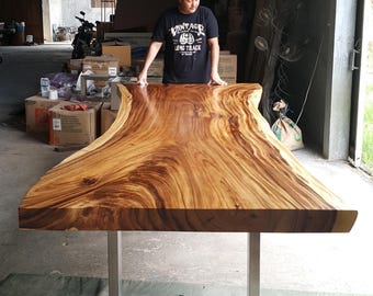 Handcrafted 10' Golden Acacia Live Edge Dining Table - Stainless Steel Legs
