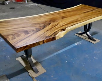 10' Foot Single Slab Golden Acacia Live Edge Dining Table w/ Steel Designer Legs - Custom Handcrafted Solid Wood Furniture / Made to Order