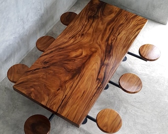9’ Foot Single Slab Golden Acacia Straight Cut Dining Table w/ Swivel Chairs - Custom Handcrafted Solid Wood Furniture / Made to Order