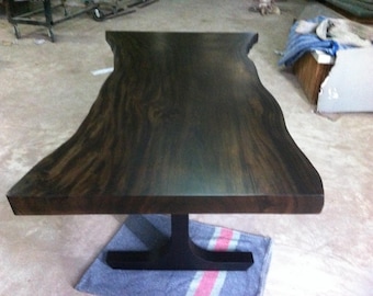 7' Foot Single Slab Golden Acacia Live Edge Dining Table w/ Steel Design Legs - Custom Handcrafted Solid Wood Furniture / Made to Order