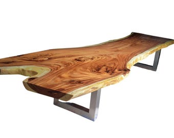 13' Foot Single Slab Golden Acacia Live Edge Dining Table w/ Stainless Steel Legs - Custom Handcrafted Solid Wood Furniture / Made to Order