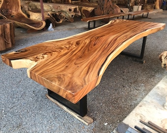 Handcrafted Golden Acacia Live Edge Dining Table - 10' Single Slab, Steel Legs