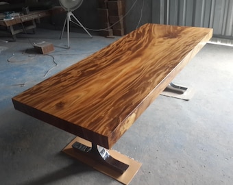 7' Foot Single Slab Golden Acacia Straight Cut Dining Table w/ Chrome Steel Legs - Custom Handcrafted Solid Wood Furniture / Made to Order