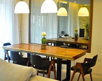 7' foot Single Slab Golden Acacia Live Edge Dining Table w/ Steel U Shaped Legs - Custom Handcrafted Solid Wood Furniture / Made to Order