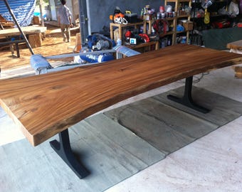 11' Foot Single Slab Golden Acacia Live Edge Dining Table w/ Steel Leg Design - Custom Handcrafted Solid Wood Furniture / Made to Order