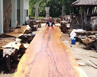 20’ Foot Single Slab Golden Acacia Live Edge Dining Table w/ Acacia Slab Legs - Custom Handcrafted Solid Wood Furniture / Made to Order